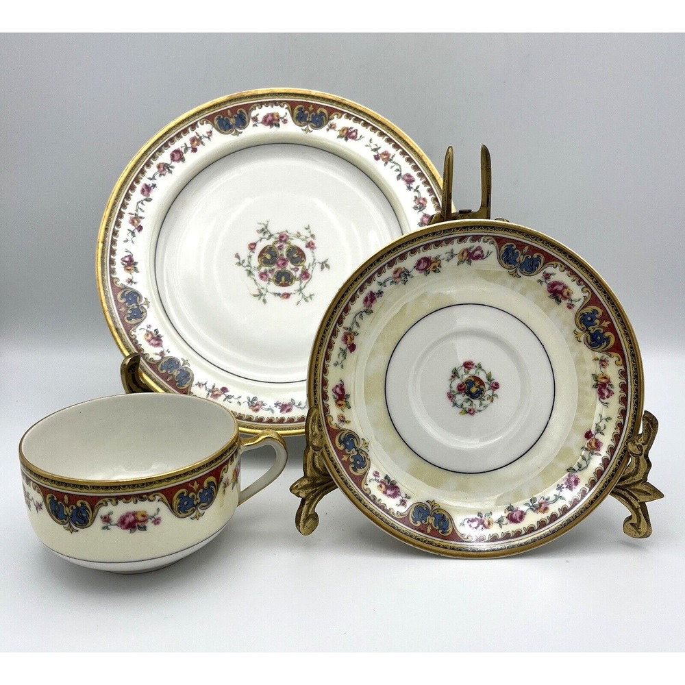 Limoges Gold Trio Flat Teacup Saucer Plate Jupiter Pink Floral 3 Piece Set